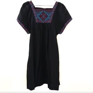 Madewell 100% linen black embroidered short sleeve shift dress